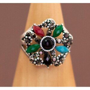 Vintage Art Nouveau Multicolor Gems Floral Ring Size 9 3/4 - U1